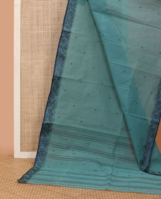 Blue buttas Bengal cotton saree, contrast floral creeper thread border & pallu of buttas & stripes