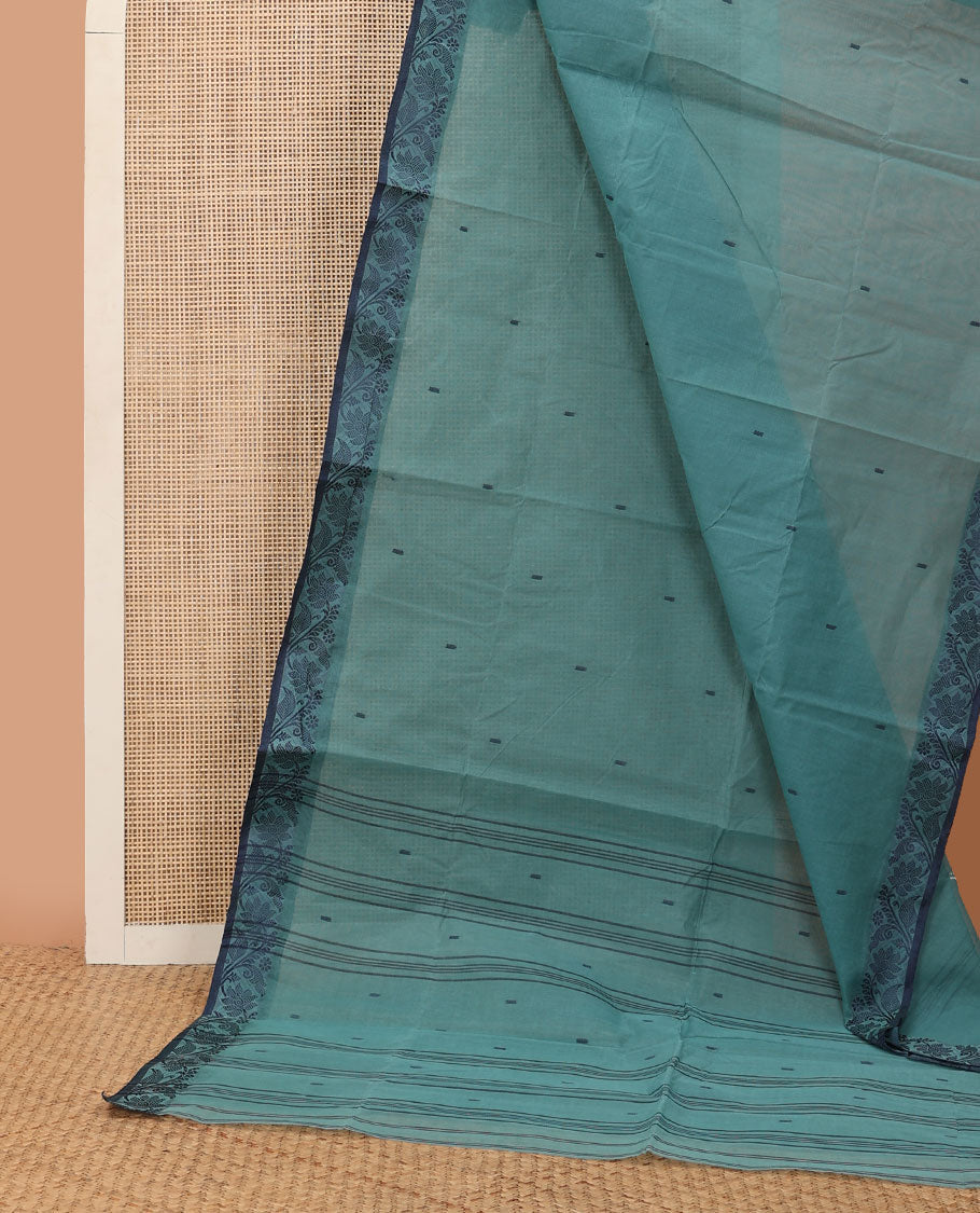Blue buttas Bengal cotton saree, contrast floral creeper thread border & pallu of buttas & stripes
