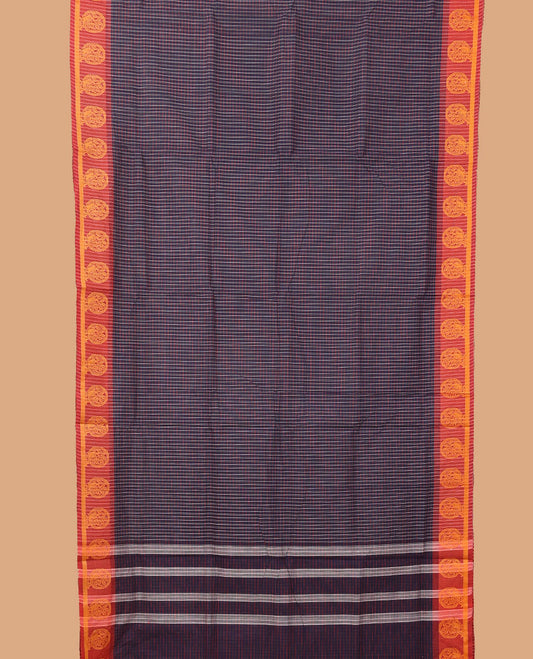 Blue checked design nine-yard cotton saree, contrast peacock motifs border, and pallu of stripes