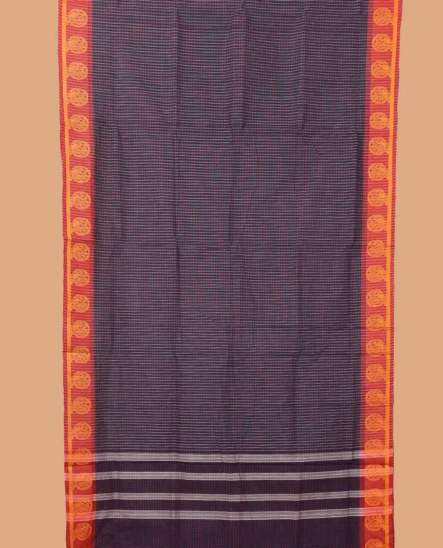 Blue checked design nine-yard cotton saree, contrast peacock motifs border, and pallu of stripes