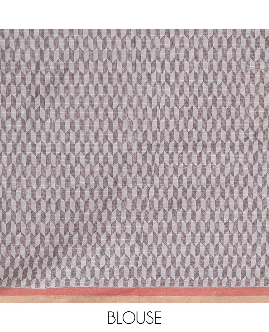 Grey stripes, and circle buttas woven Kanchi cotton saree, contrast plain border, and geometric patterns steeped pallu