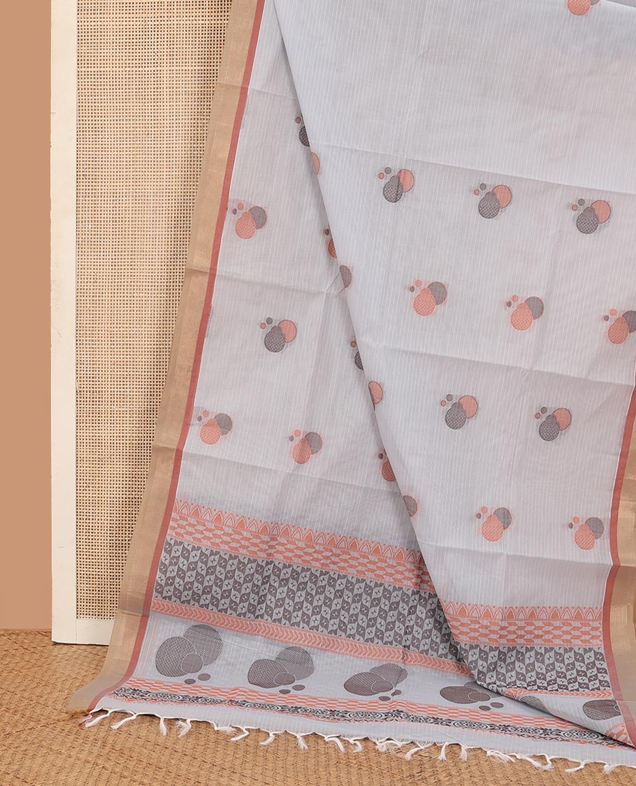 Grey stripes, and circle buttas woven Kanchi cotton saree, contrast plain border, and geometric patterns steeped pallu