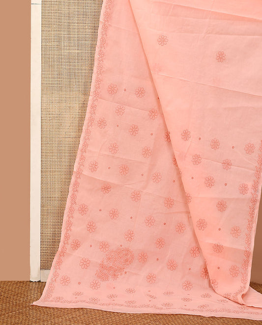 Peach floral thread embroidered buttas Lucknowi chikankari saree, floral creeper thread embroidered border, and floral embroidered pallu
