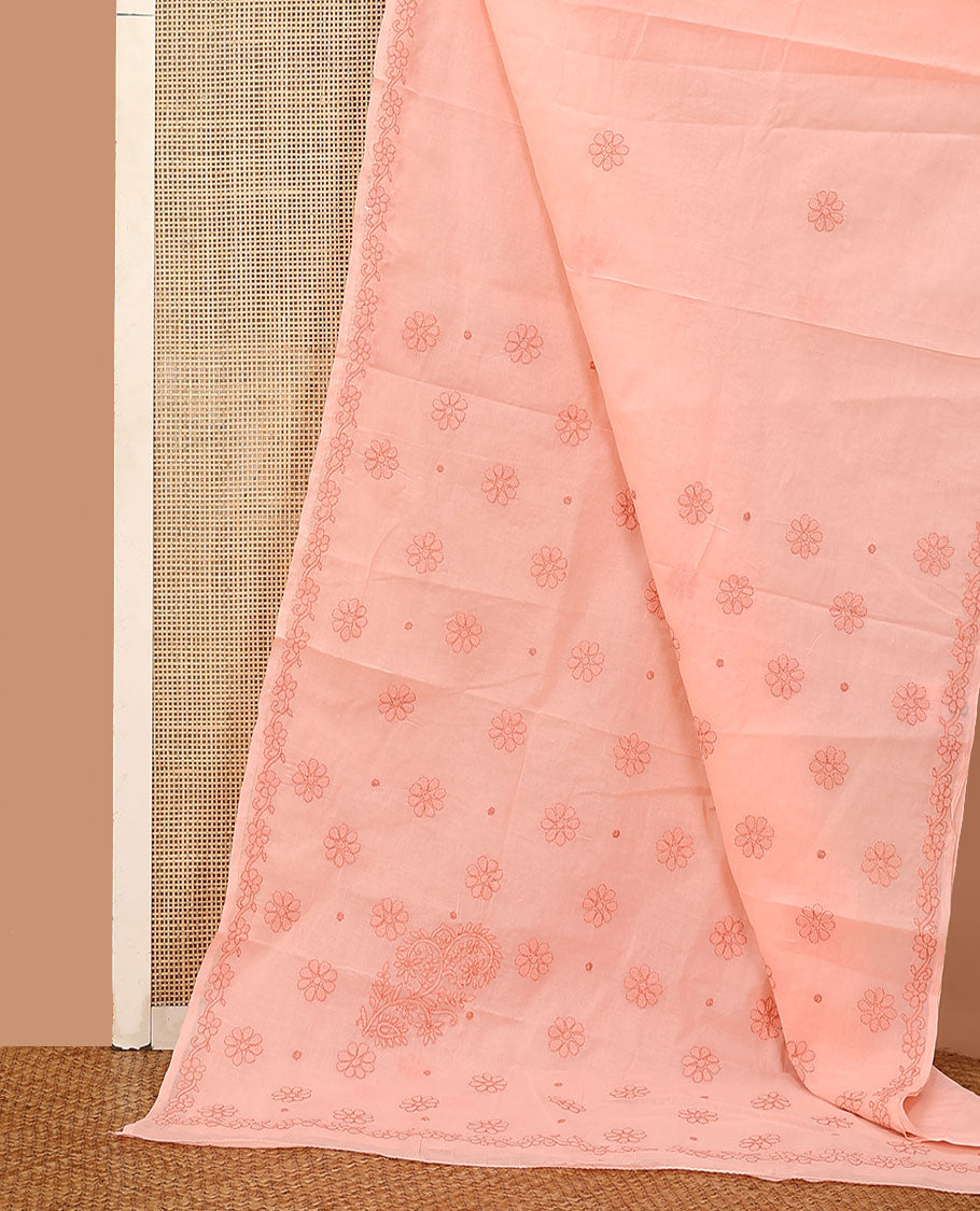 Peach floral thread embroidered buttas Lucknowi chikankari saree, floral creeper thread embroidered border, and floral embroidered pallu