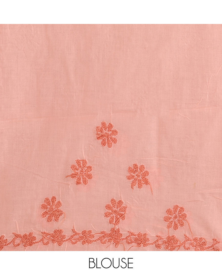 Peach floral thread embroidered buttas Lucknowi chikankari saree, floral creeper thread embroidered border, and floral embroidered pallu