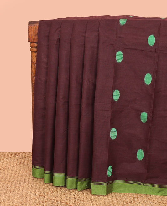 Brown Kanchi Cotton Saree, Detailed with Polka Dot Buttas All Over Its Body, Complemented by a Contrast Border, Pallu Features Polka Dot Butta Enclosed Checks, and Paired with a Matching Blouse