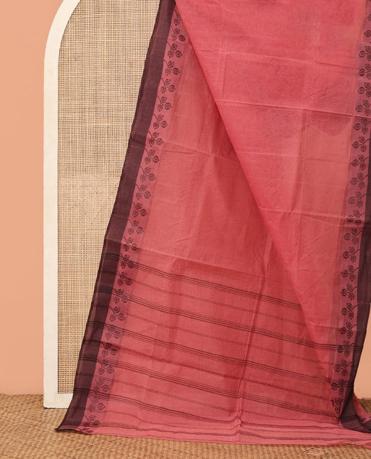 Pink Plain Bengal Cotton Saree, a Contrast Floral Border, Self-Pallu, and No Blouse