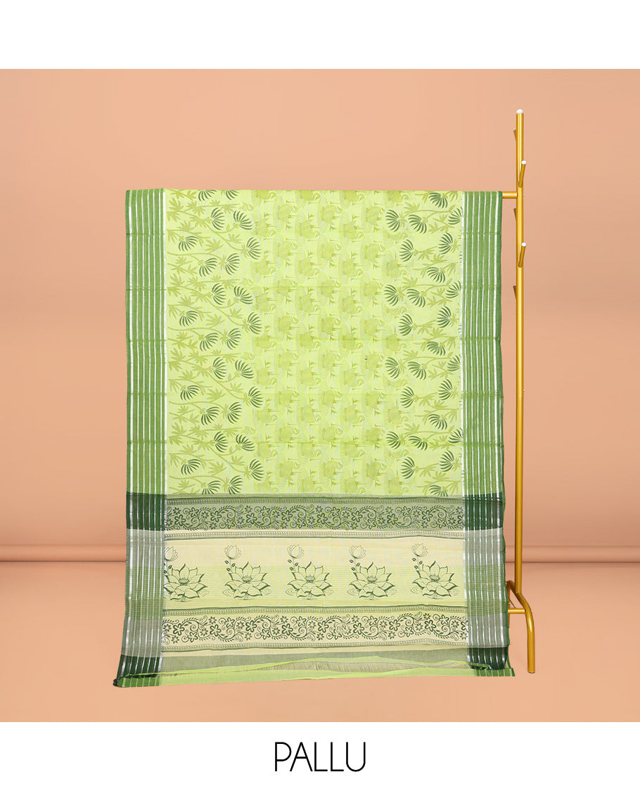 Green Chirala Cotton Saree, Bedecked with Swan and Floral Print, Contrast Striped Border, Floral Printed Pallu, and a Matching Blouse