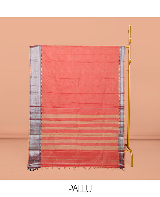 Peach Plain Narayanpet Cotton Saree, Complemented by a Contrast Traditional Design Border, Striped Pallu, and Comes Without a Blouse