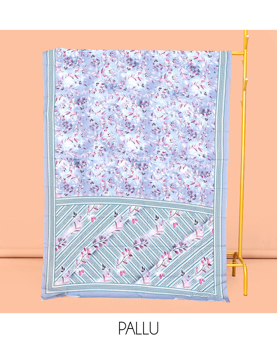 Blue Mul Mul Cotton Saree, Bedecked with Floral Print, a Subtle Chevron Border,  Pallu of Floral-Geometric Print, and a Matching Blouse