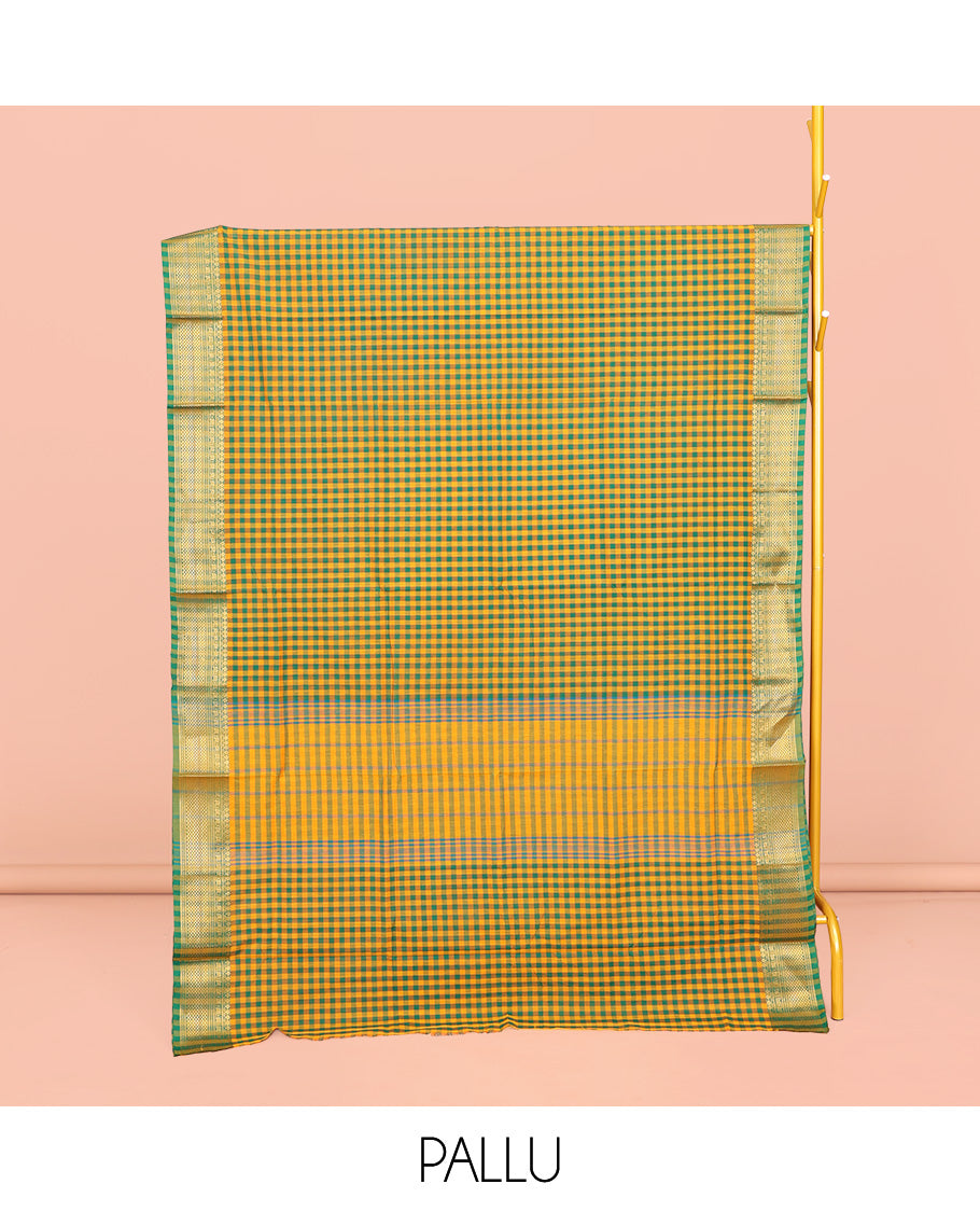 Yellow-Green Chettinad Cotton Saree, Features Micro-Checks, Highlighted by Traditional Zari Border, Striped Pallu, and No Blouse