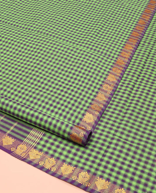 Green Micro-Checked Nine-Yard Cotton Saree, Highlighted by a Traditional Zari Border, Striped Pallu, and Comes Without a Blouse