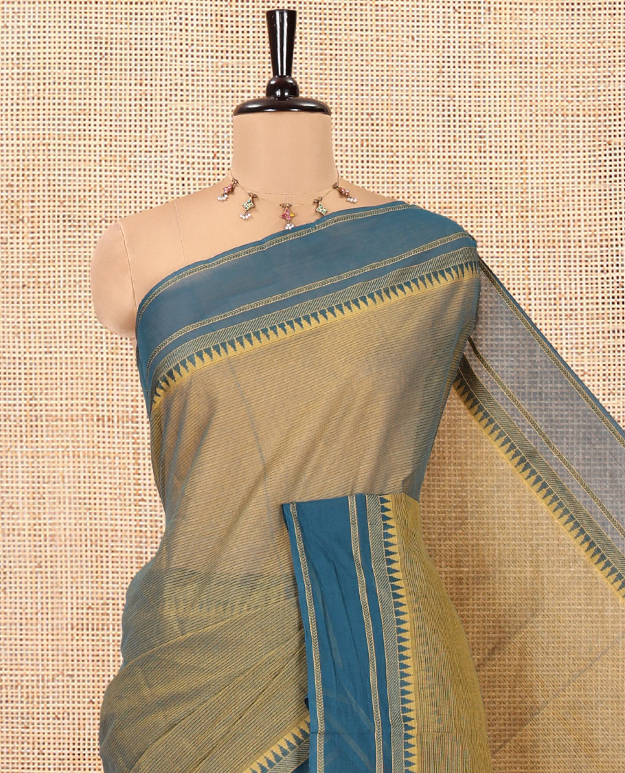 Grey Andhra Cotton Saree, Subtly Sparkled with Stripes, a Contrast Temple Border, a Contrast Striped Pallu, and a Contrast Blouse