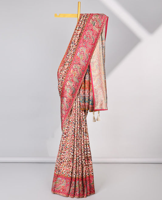 Cream floral vine design semi-banaras dola silk saree with contrast border & intricate design pallu