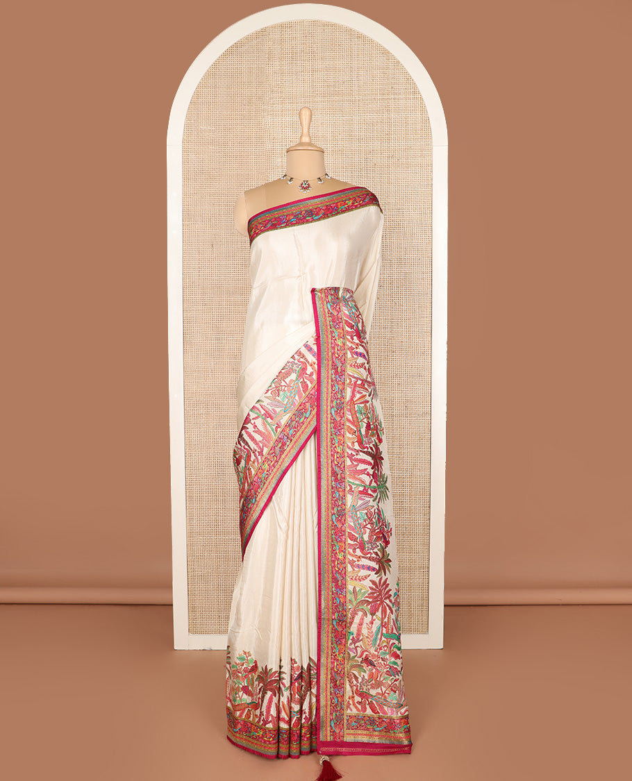 Cream tropical floral and peacock digital printed dola silk saree, contrast tropical floral and peacock border