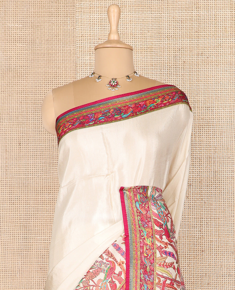 Cream tropical floral and peacock digital printed dola silk saree, contrast tropical floral and peacock border