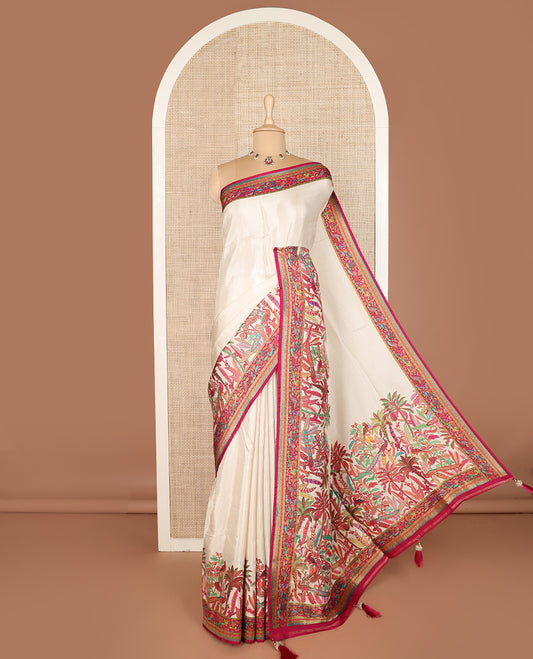 Cream tropical floral and peacock digital printed dola silk saree, contrast tropical floral and peacock border