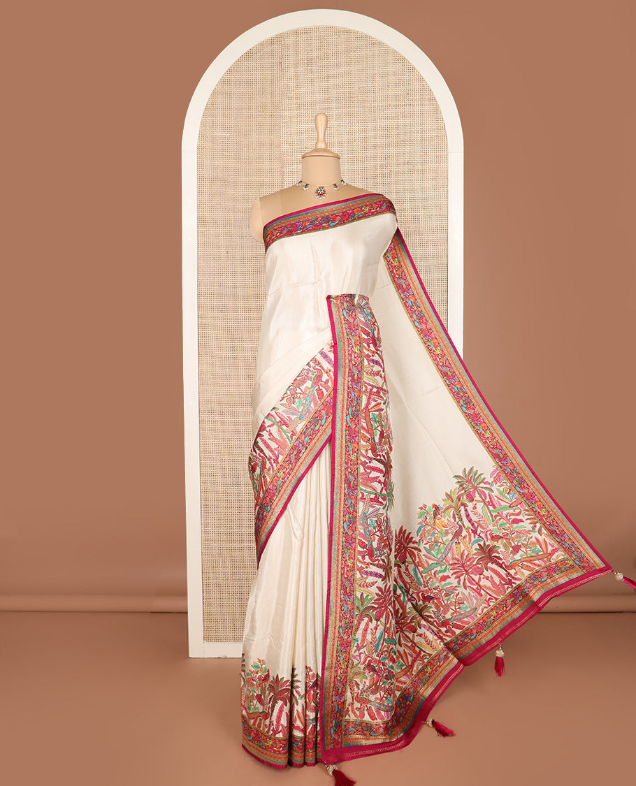 Cream tropical floral and peacock digital printed dola silk saree, contrast tropical floral and peacock border