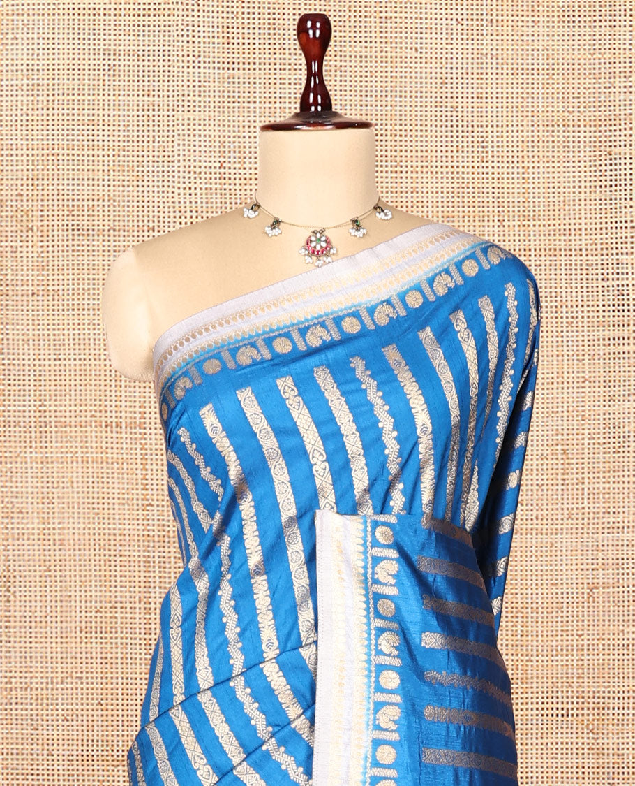 Blue Zari Stripes Fancy Raw Silk Saree, Contrast Traditional Border, Jaal Pallu, and Contrast Blouse