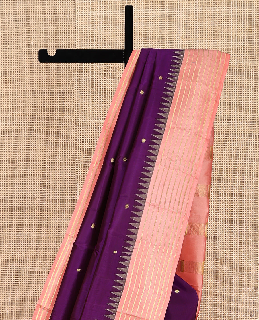Vadamalli and Peach Pink Vasundhara Silk Saree, Enriched with Kamalam Zari Buttas All Over Its Body, Complemented by a Contrast Thazampoo Rekku Border of Banaras Designs, Gleaming Zari Striped Pallu, and Paired with a Contrast Blouse