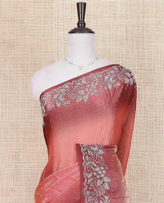 Peach Designer Saree, Adorned with Stone Struck on Its Body, Complemented by a Contrast Floral Design Stone Work Border, Pallu of Stone Work, and Paired with a Contrast Blouse