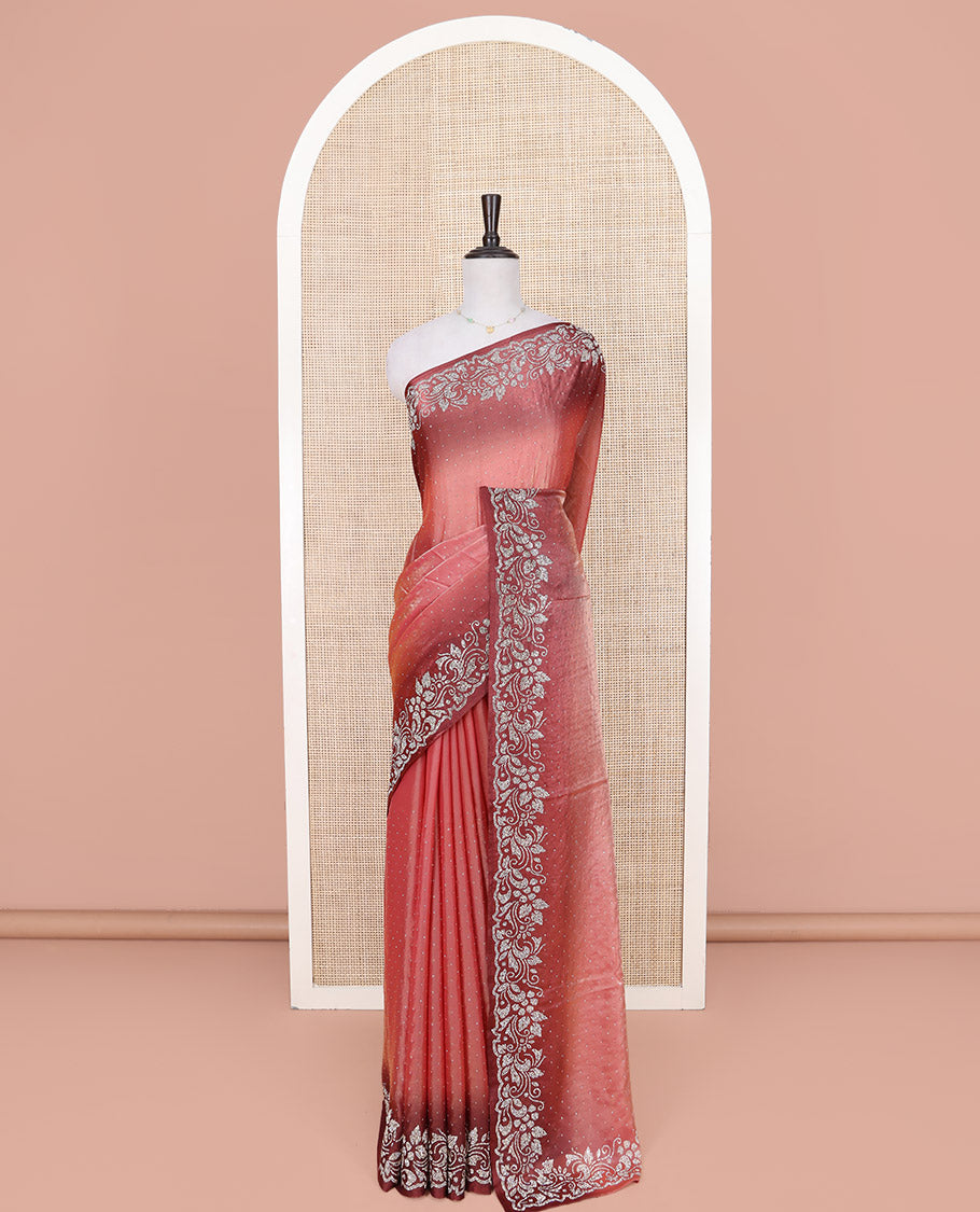 Peach Designer Saree, Adorned with Stone Struck on Its Body, Complemented by a Contrast Floral Design Stone Work Border, Pallu of Stone Work, and Paired with a Contrast Blouse