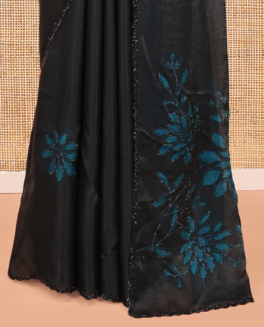 Black Designer Saree, Uniquely Decorated with Leaf Print and Outline Stone Embroidery On Its Body, Same Design On Its Pallu, and Paired with a Matching Blouse
