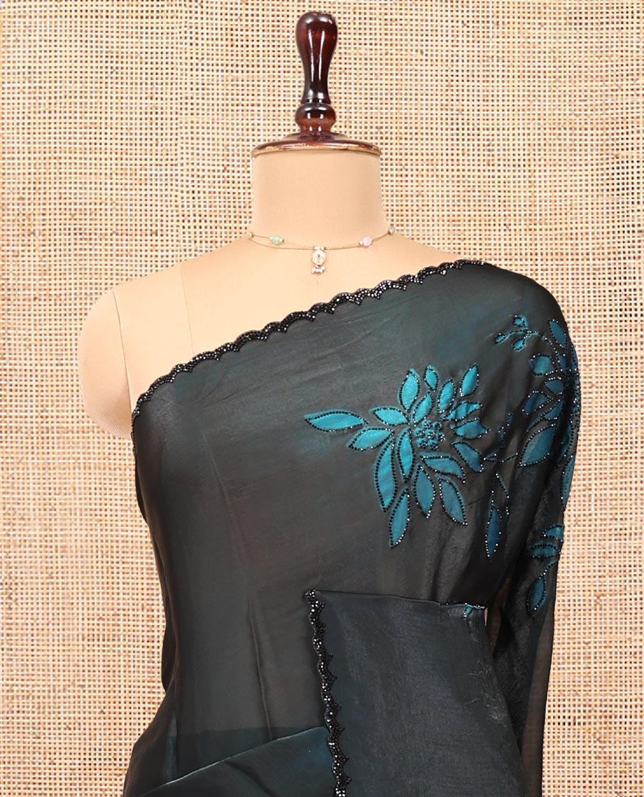 Black Designer Saree, Uniquely Decorated with Leaf Print and Outline Stone Embroidery On Its Body, Same Design On Its Pallu, and Paired with a Matching Blouse