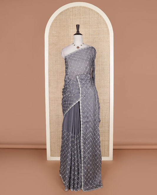 Grey jaal kardana embroidered designer saree, stone embroidered scallop border
