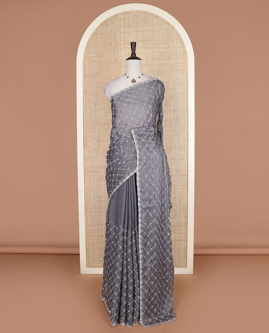 Grey jaal kardana embroidered designer saree, stone embroidered scallop border
