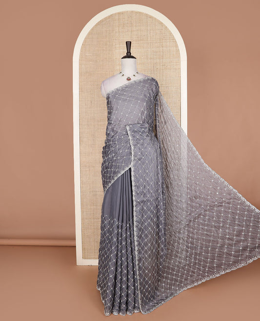 Grey jaal kardana embroidered designer saree, stone embroidered scallop border