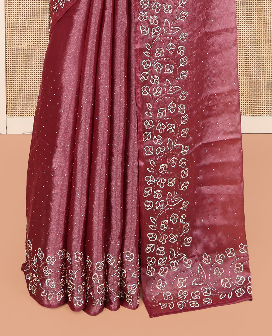 Purple Designer Saree, Spotlighted with Stones All Over Its Body, a Floral Embroidered Border, and Matching Blouse