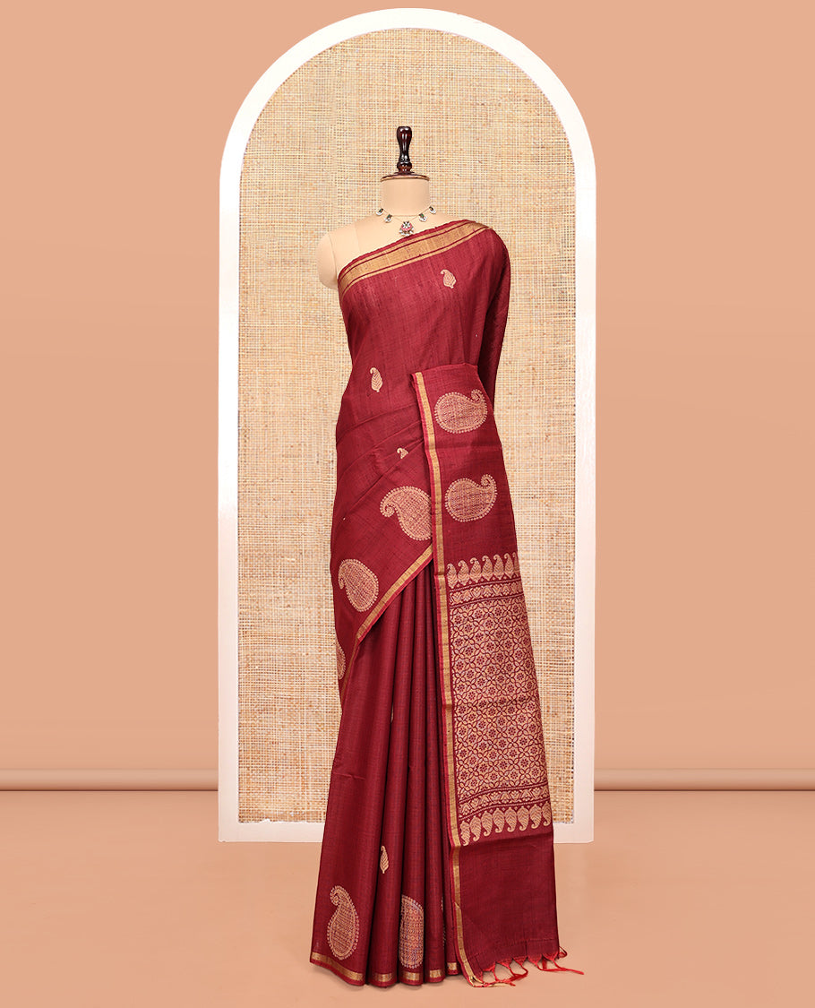 Red Dupion Silk Saree, Elevated with Paisley Buttas, a Piping Border, Intricate Pallu, and a Matching Blouse
