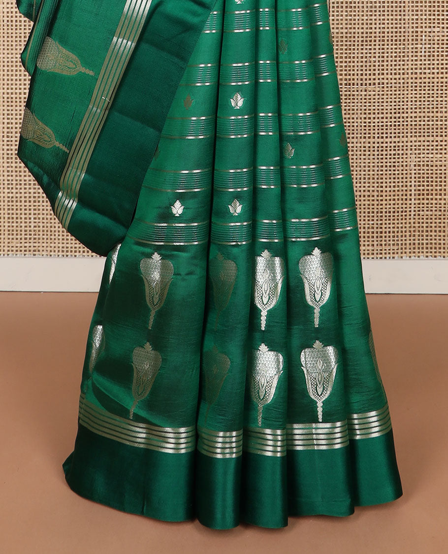 Green striped, floral design raw mango silk saree with self border &  jaal design pallu