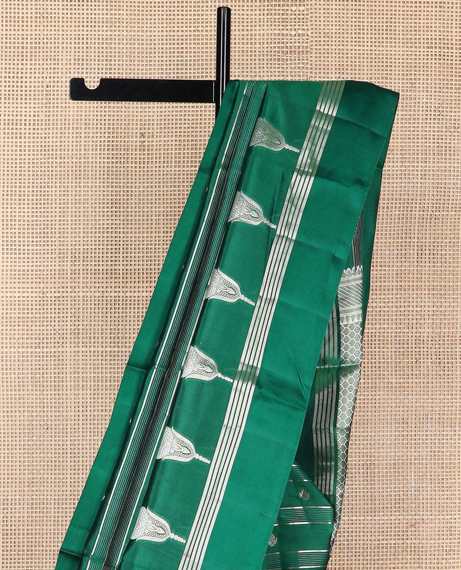 Green striped, floral design raw mango silk saree with self border &  jaal design pallu