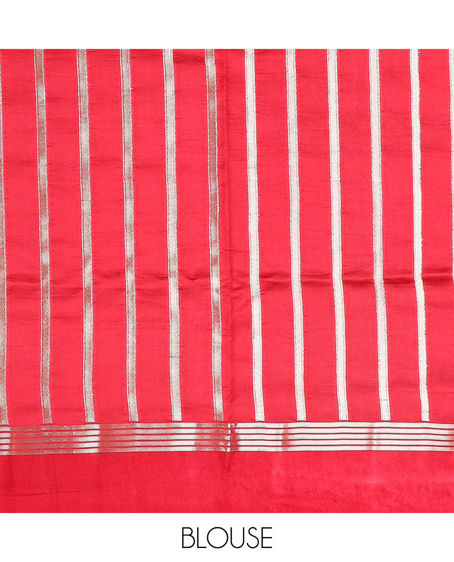 Green striped, floral design raw mango silk saree with self border &  jaal design pallu