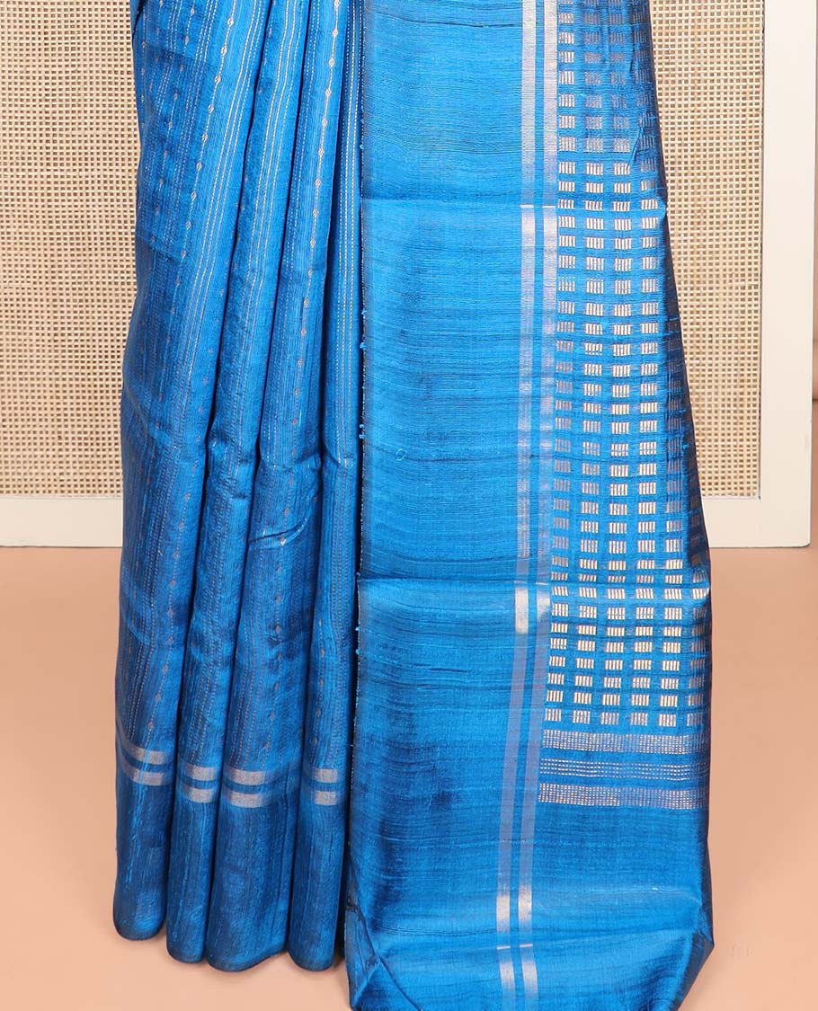 Blue Dupion Silk Saree, Beautified with Stripes All Over Its Body, Zari-Striped Border, Pallu Steeped with Dobby-Style Buttas, and Paired with a Matching Blouse