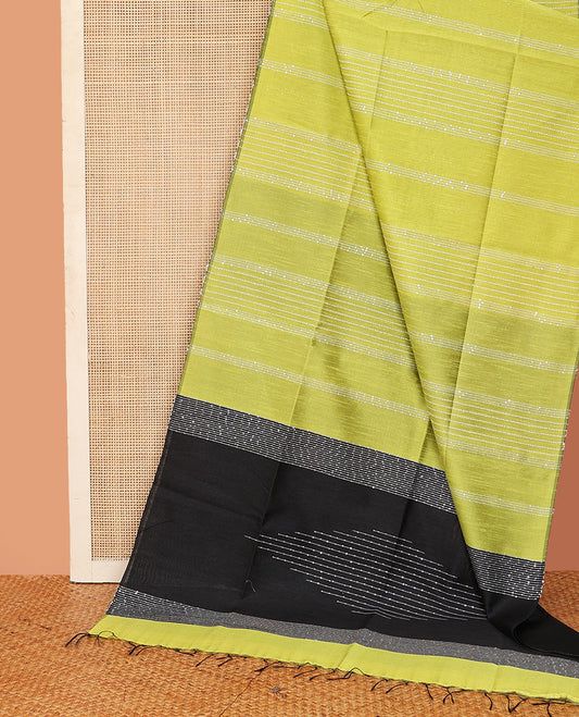 Borderless green sequins striped dupion saree, contrast sequins striped pallu