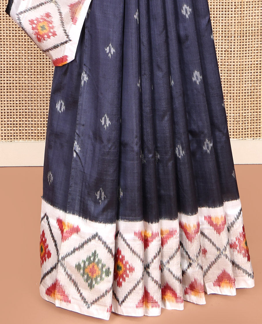 Grey Pochampally Ikat Silk Saree, Subtly Sparkled with Ikkat Buttas on Its Body, Complemented by a Contrast Diamond-Patterned Border, Pallu of Diamond-Patterns, and Paired with a Contrast Blouse
