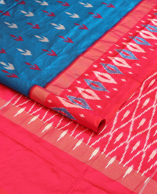 Blue ikkat saree with buttas, contrast ikkat design border & pallu of ikkat jaal design