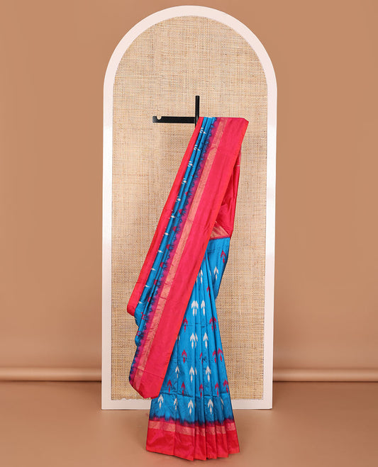 Blue ikkat saree with buttas, contrast ikkat design border & pallu of ikkat jaal design