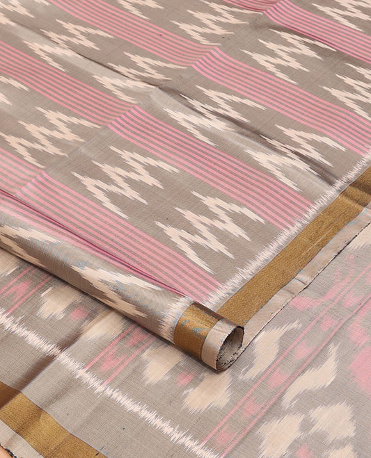 Grey stripes & butta pure ikkat saree, plain border & diamond & floral ikkat-style pallu