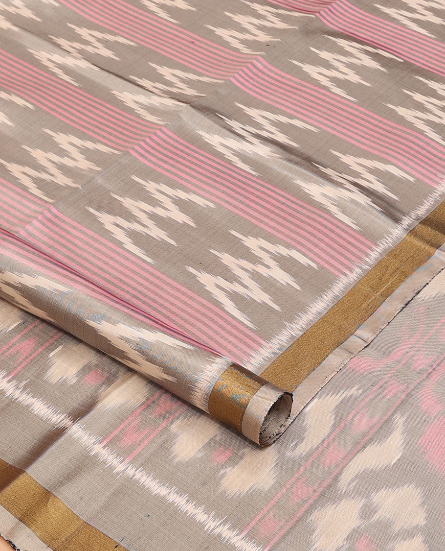 Grey stripes & butta pure ikkat saree, plain border & diamond & floral ikkat-style pallu