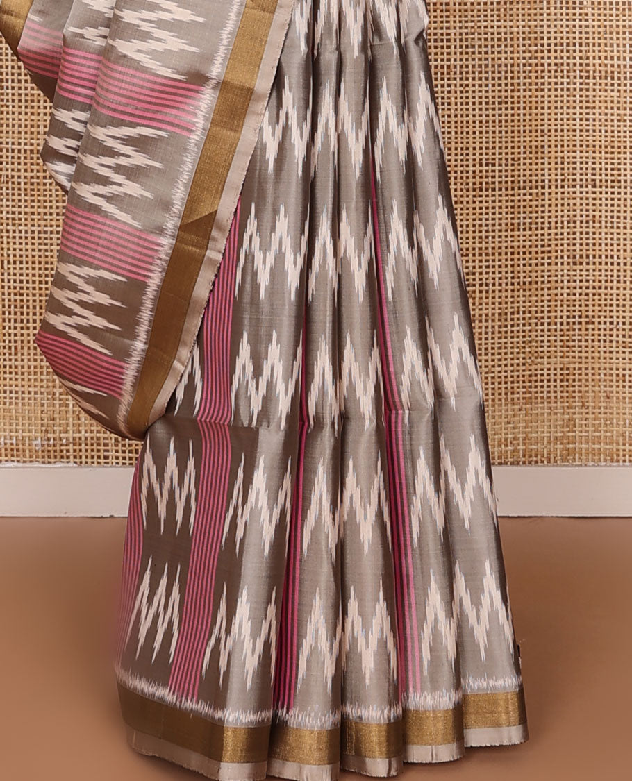 Grey stripes & butta pure ikkat saree, plain border & diamond & floral ikkat-style pallu