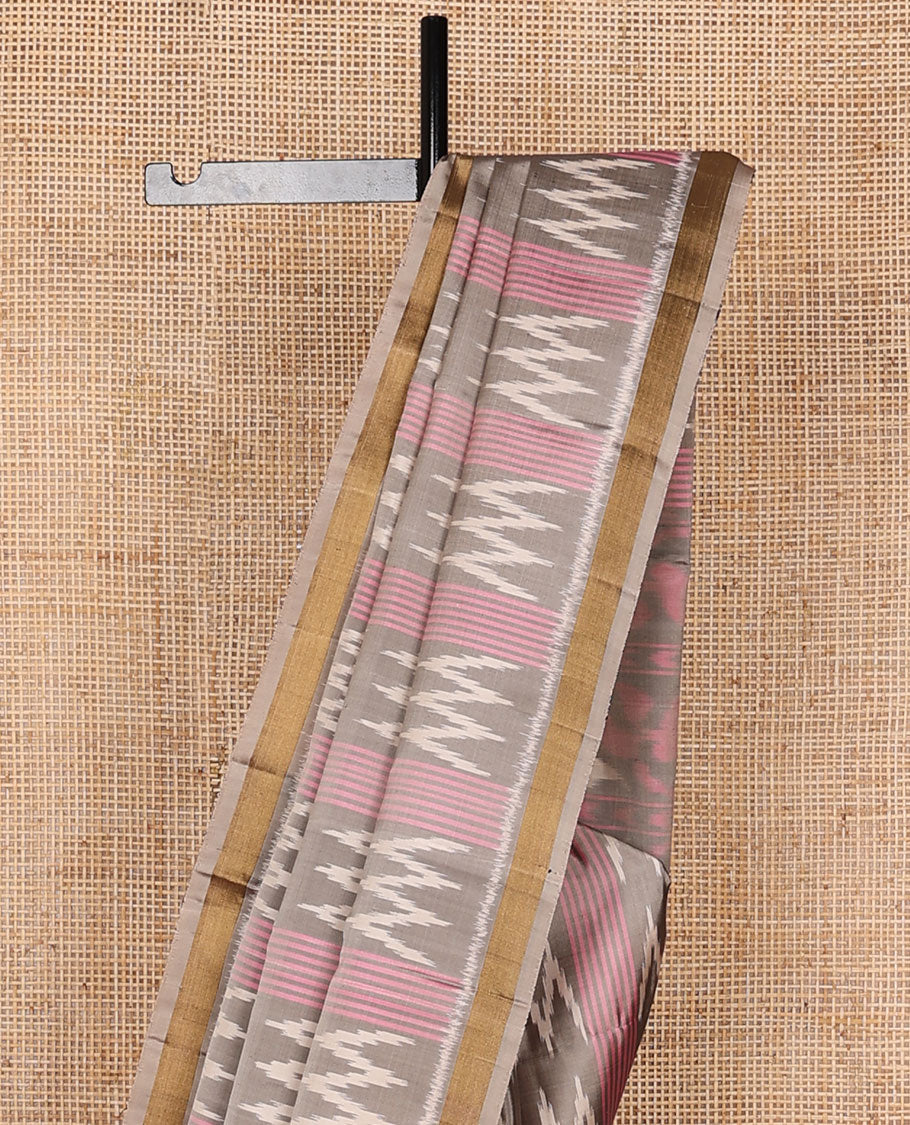 Grey stripes & butta pure ikkat saree, plain border & diamond & floral ikkat-style pallu