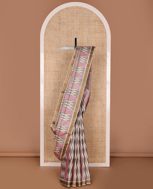 Grey stripes & butta pure ikkat saree, plain border & diamond & floral ikkat-style pallu