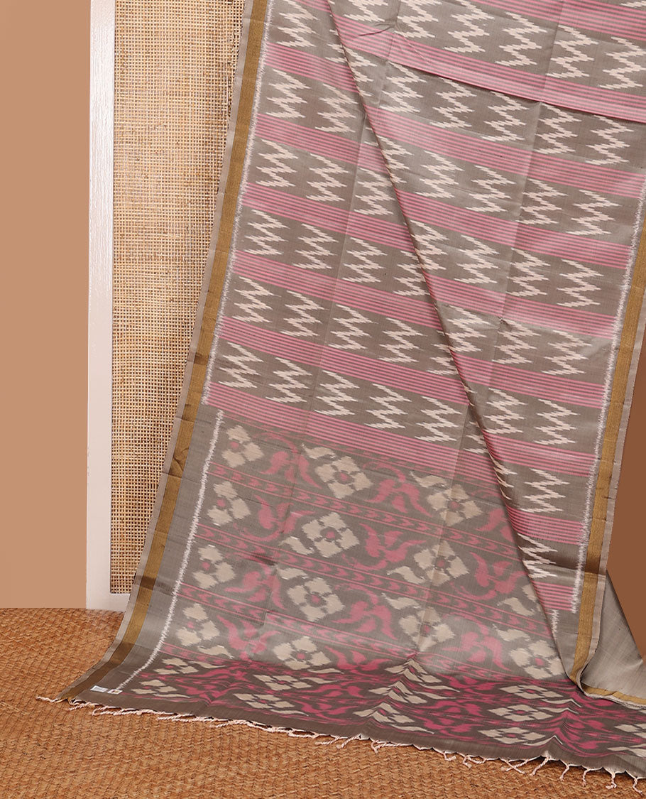 Grey stripes & butta pure ikkat saree, plain border & diamond & floral ikkat-style pallu