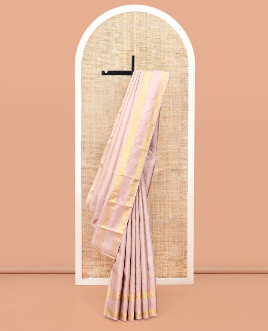 Baby Pink Kanchipuram Silk Saree, Crafted with Zari Checks, Highlighted by Zari Rettai Pettu Border, Zari Buttas Pallu, and Matching Blouse