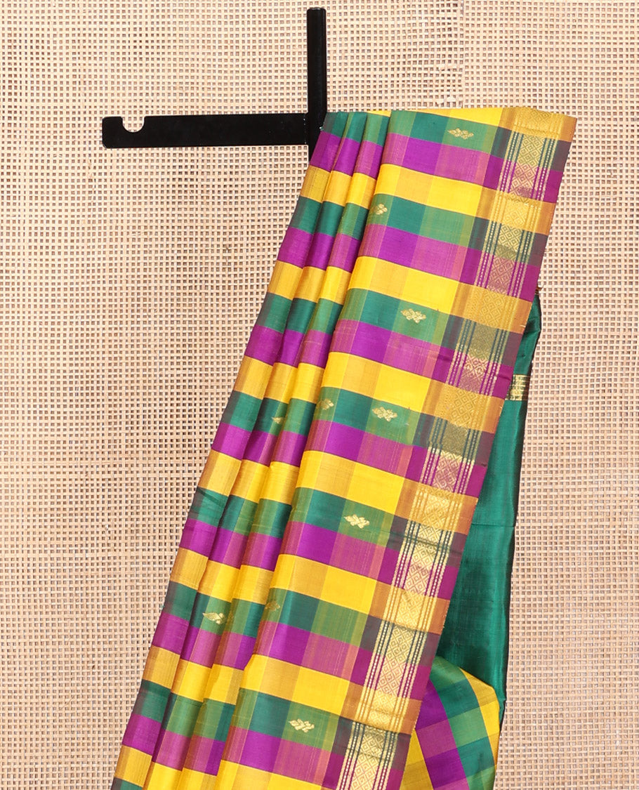 Multi-Color Kanchipuram Silk Saree, Elevated with Paazhum Palamum Checks and Zari Buttas, a Traditional One-Sided Border, Zari-Woven Pallu, and No Blouse