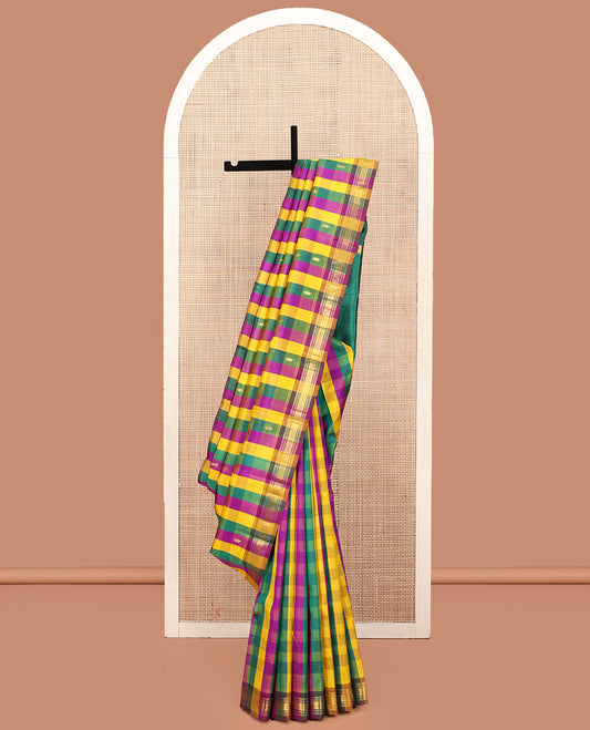 Multi-Color Kanchipuram Silk Saree, Elevated with Paazhum Palamum Checks and Zari Buttas, a Traditional One-Sided Border, Zari-Woven Pallu, and No Blouse